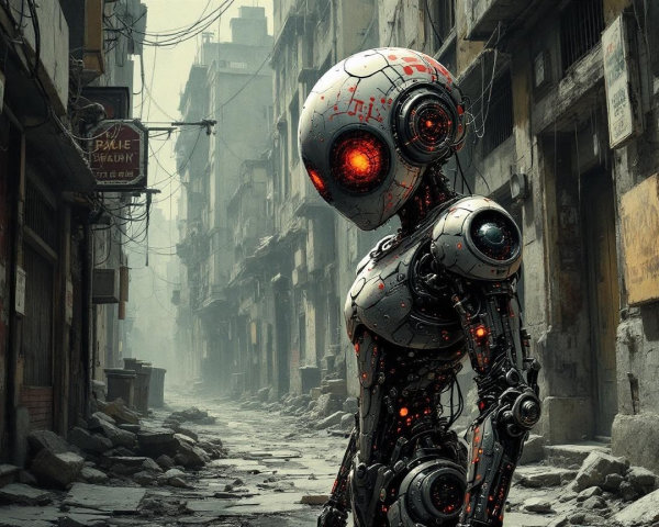 Humanoid Robot in a Desolate Urban Landscape