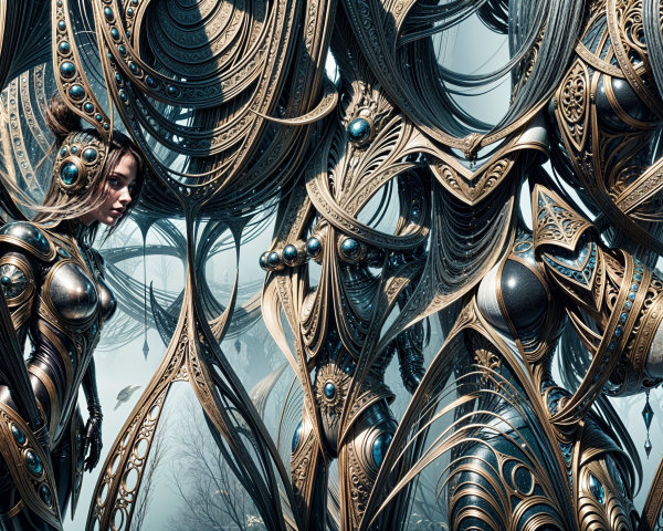 Futuristic scene with ornate organic-mechanical structures