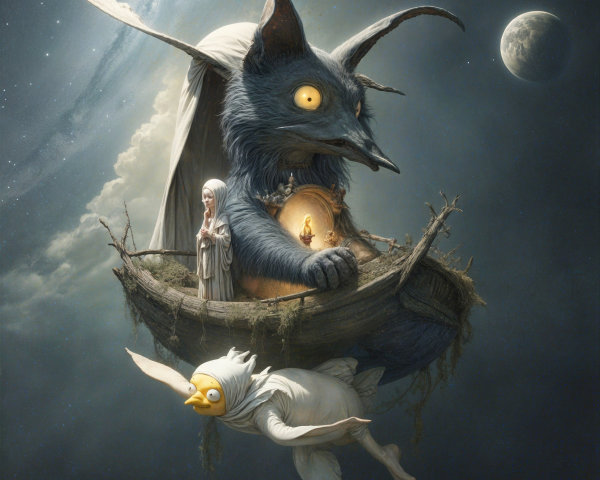 Mystical Creature Cradling Figure in Starry Landscape