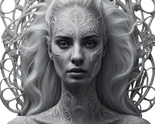Portrait of a Woman with White Body Art and Lace Patterns