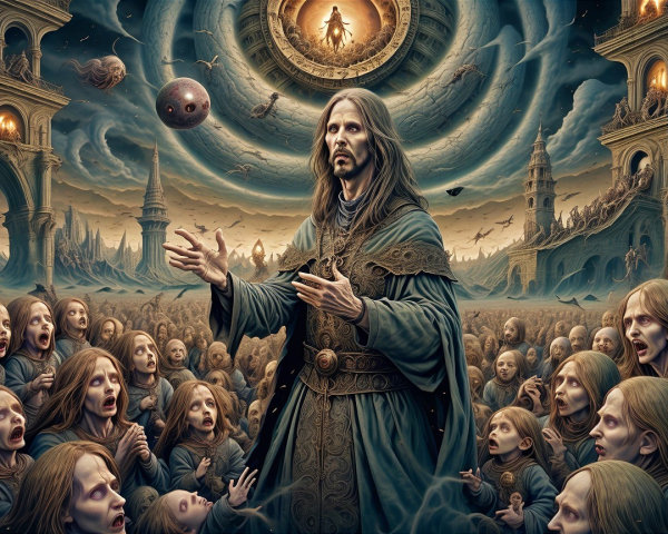 Mysterious figure amidst anguished crowd and surreal backdrop