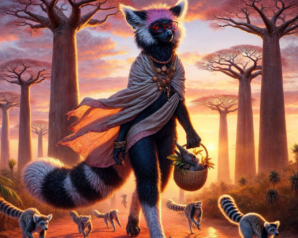 Vibrant Sunset Landscape with Lemurs and Baobab Trees