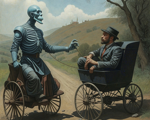 Surreal Scene of a Skeletal Figure on a Dirt Road