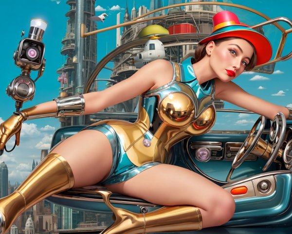 Futuristic Scene with Stylish Woman and Retro Car