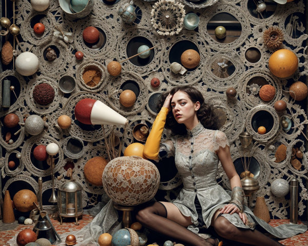 Young Woman in Lace Dress with Abstract Backdrop