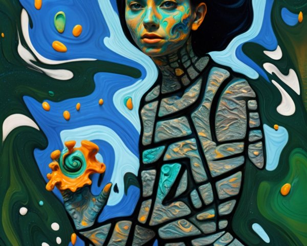 Stylized portrait of a woman with vibrant colors and designs