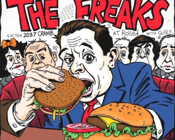 Comic-Style Illustration of Quirky Characters and Burgers