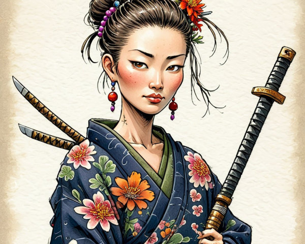 Female Samurai in Kimono with Katana and Floral Patterns