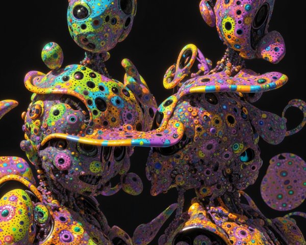 Intricate Abstract Robotic Figures with Psychedelic Colors