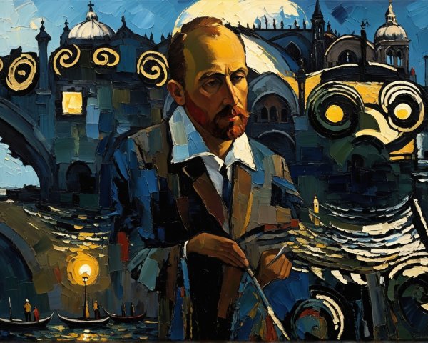 Period Figure in Contemplative Cityscape at Sunset