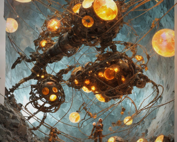 Futuristic cavern with suspended glowing structure and figures