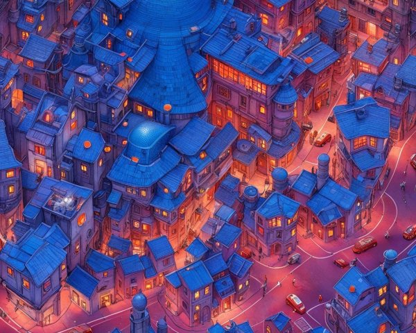 Vibrant Urban Landscape at Twilight with Blue Rooftops
