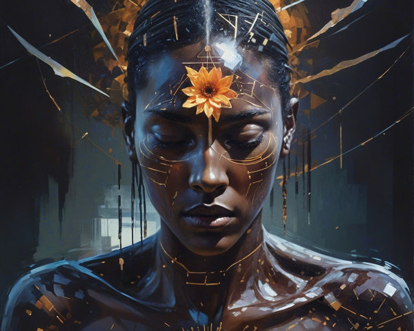 Portrait of a Woman with Golden Flower and Geometric Patterns