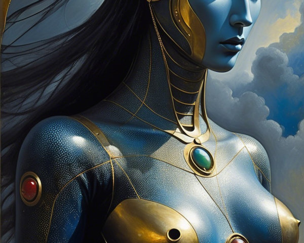 Futuristic humanoid figure with metallic blue skin