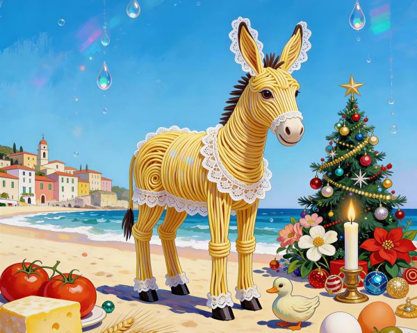 Spaghetti Donkey Illustration on Beach with Christmas Tree