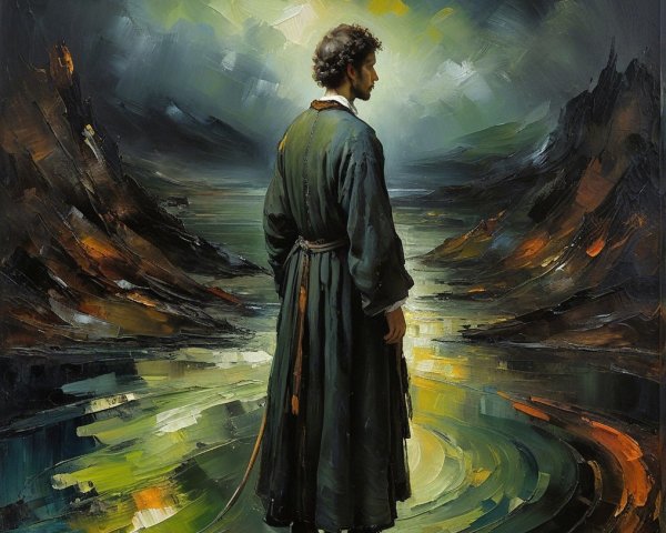 Solitary Figure by Tranquil Water in Dramatic Landscape