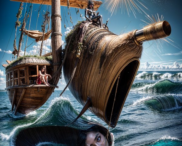 Wooden Ship and Whale with Woman's Face in Fantasy Scene