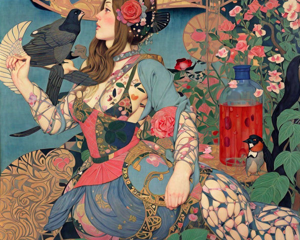 Woman in Colorful Art Nouveau Attire with Crow and Flowers