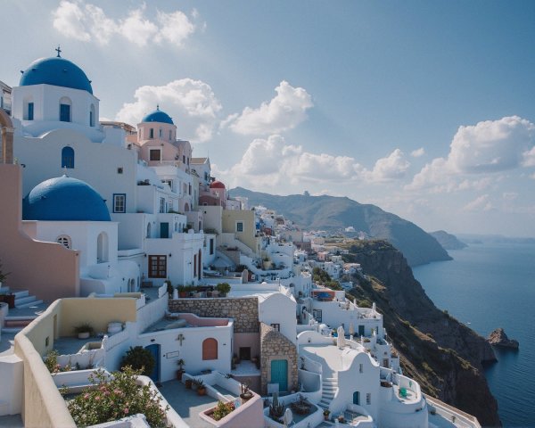 Santorini's Whitewashed Architecture and Blue Sea View