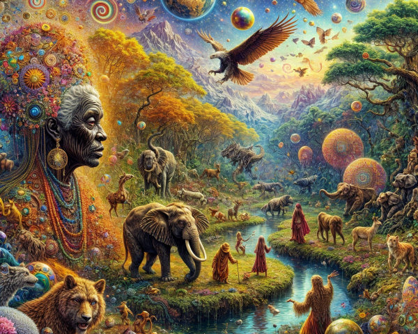 Surreal Landscape with Elephants and Cosmic Elements