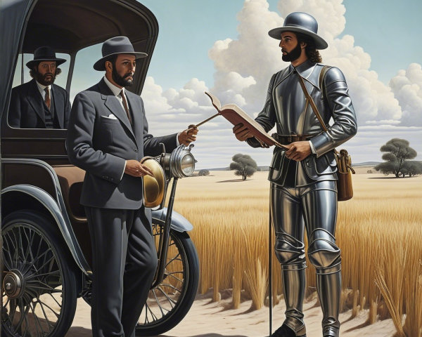 Surreal Landscape with Man, Knight, and Vintage Car