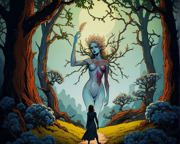 Majestic Tree-like Figure in Enchanted Forest Scene