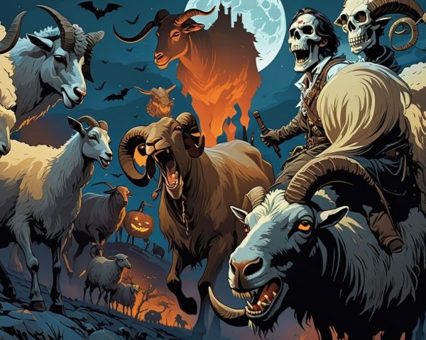 Skeletal Rider Leads Sheep in Spooky Halloween Scene