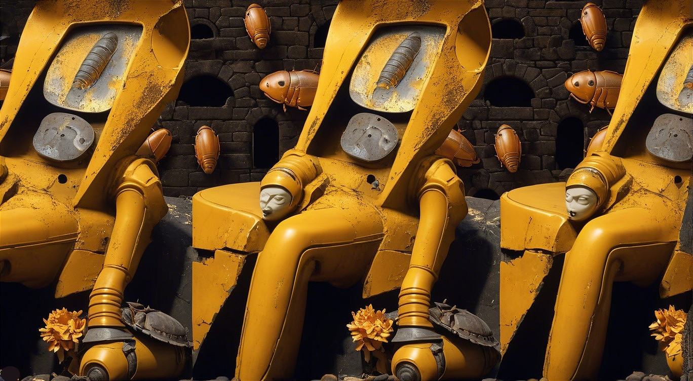 Surreal Yellow Robot Against Textured Stone Wall