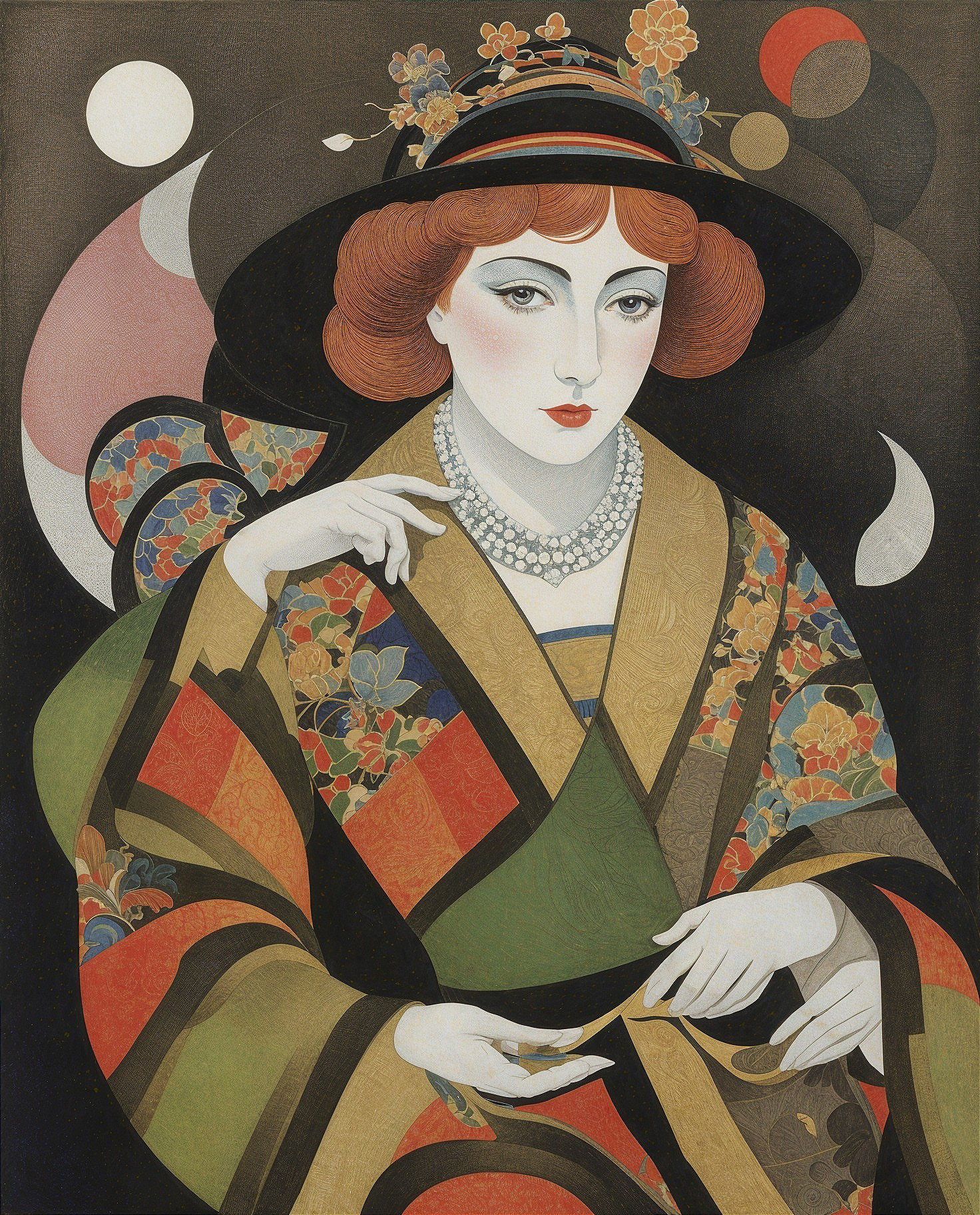 Elegant Woman in Floral Kimono with Accessories