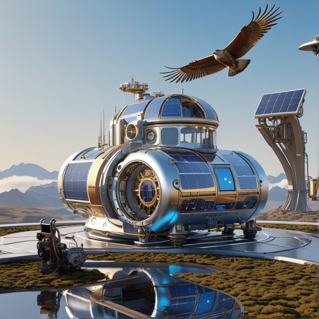Futuristic spacecraft on reflective platform in rugged terrain