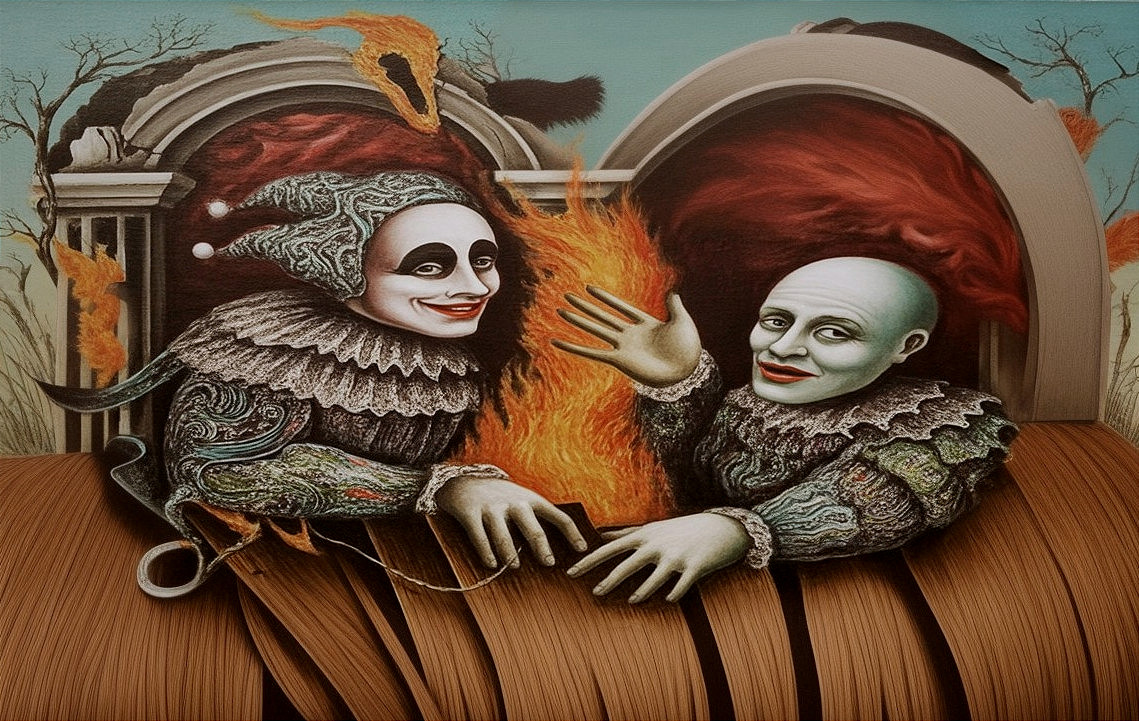 Whimsical Figures in Elaborate Costumes by Flames