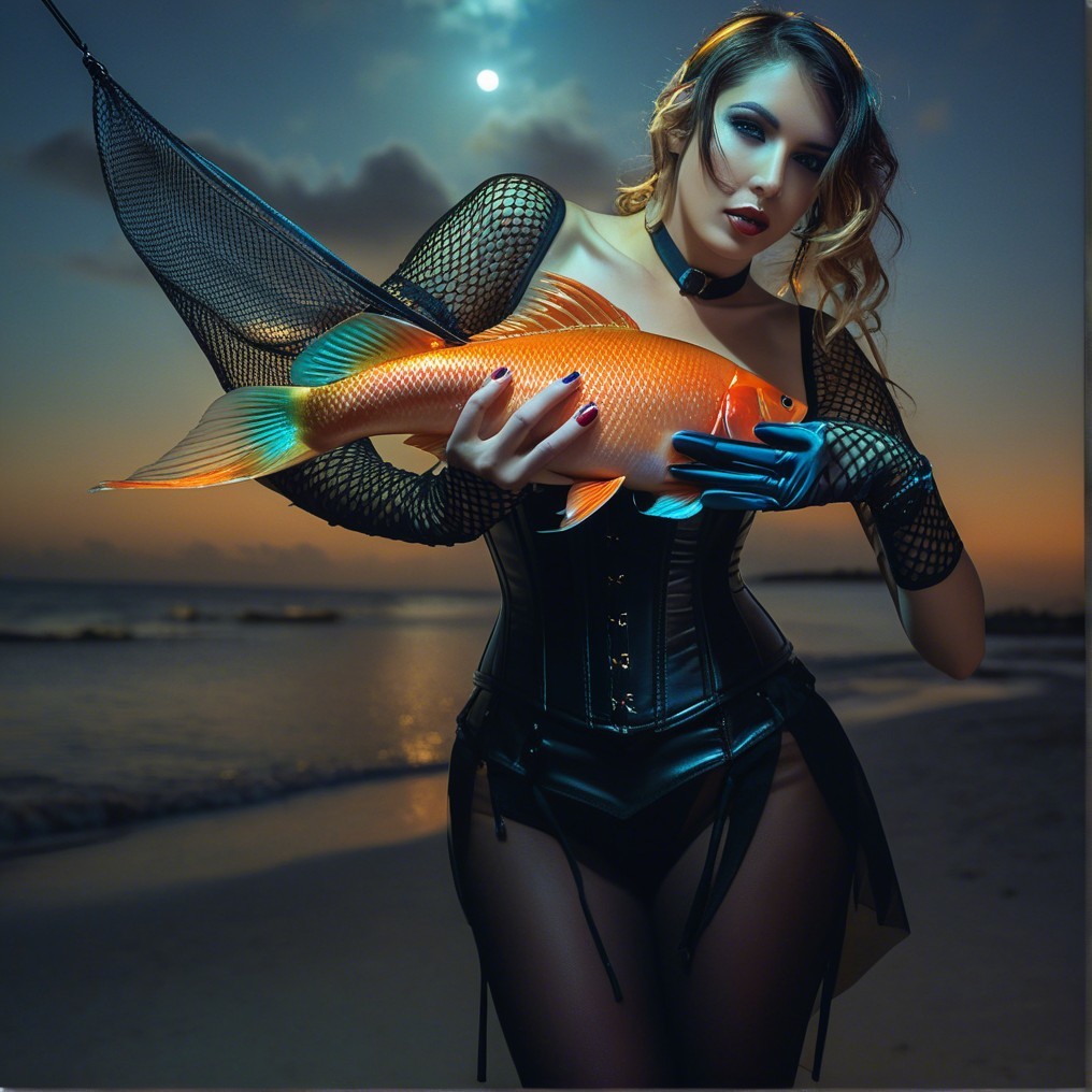 Model in Black Corset with Goldfish at Dusk Beach