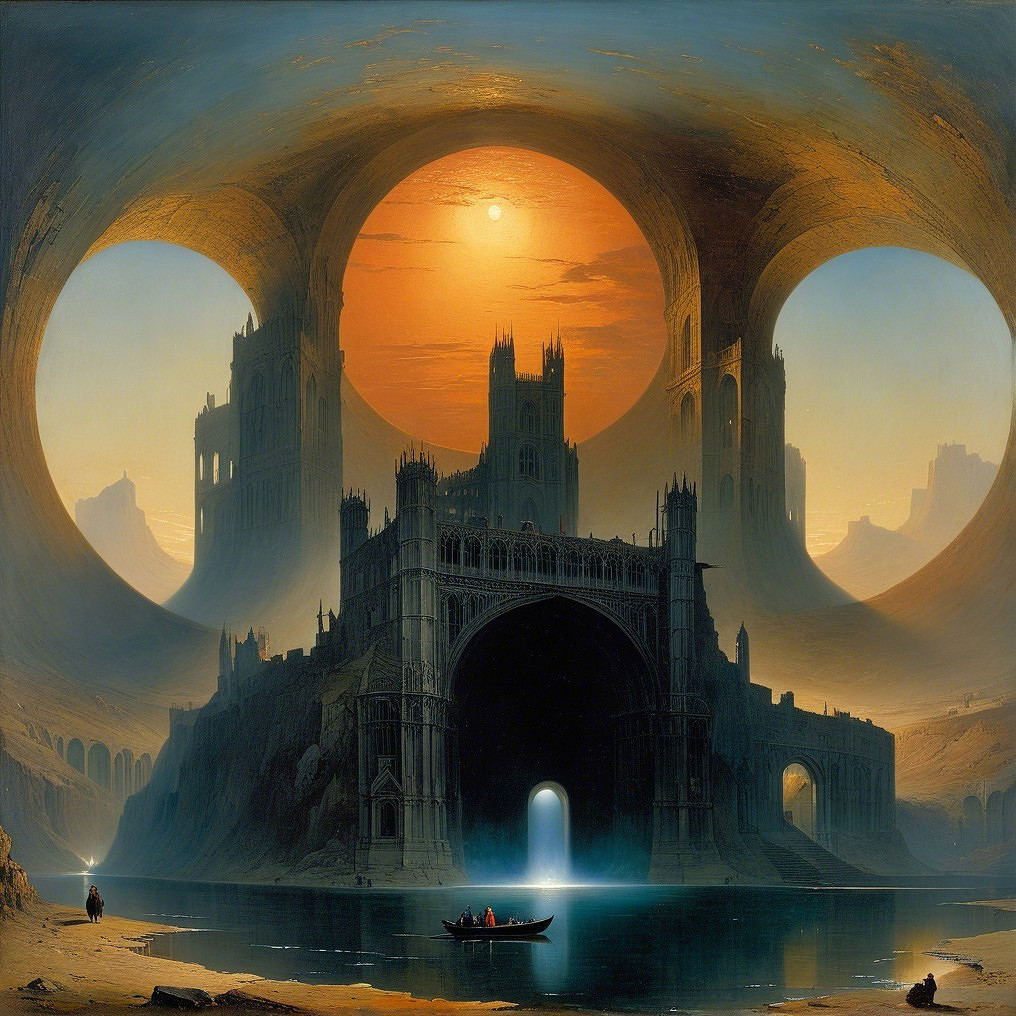 Surreal Landscape with Ancient Castle and Water Reflection