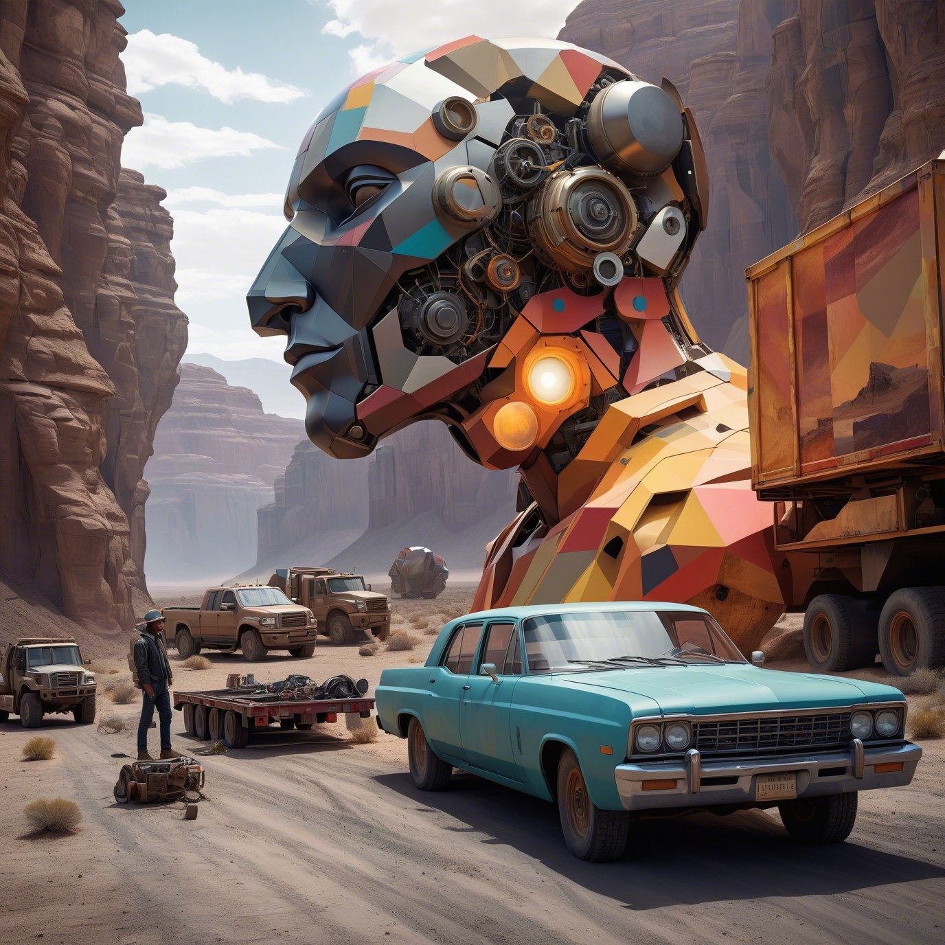 Geometric Human-Like Sculpture in a Canyon Landscape