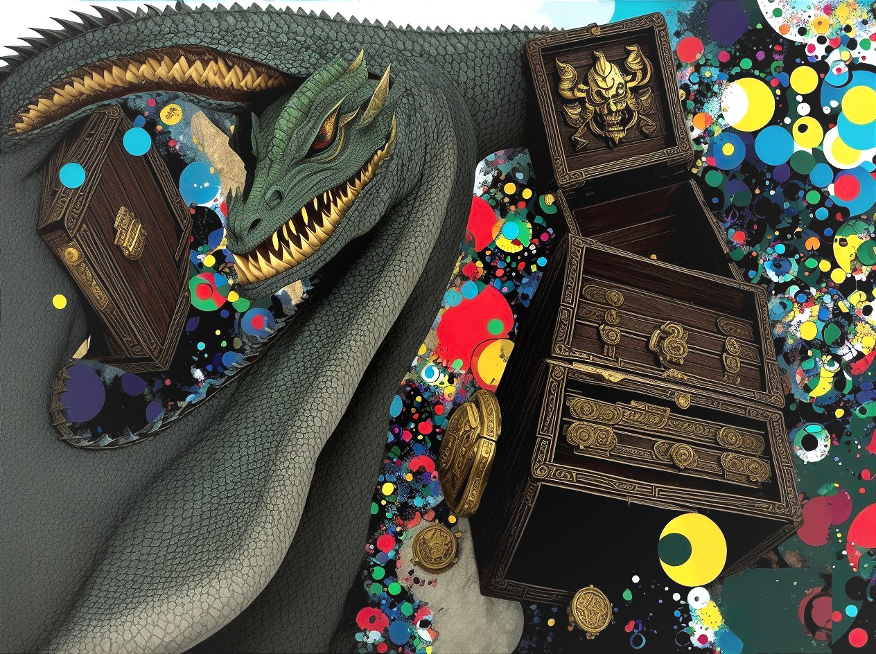 Majestic dragon with treasure chests and colorful background