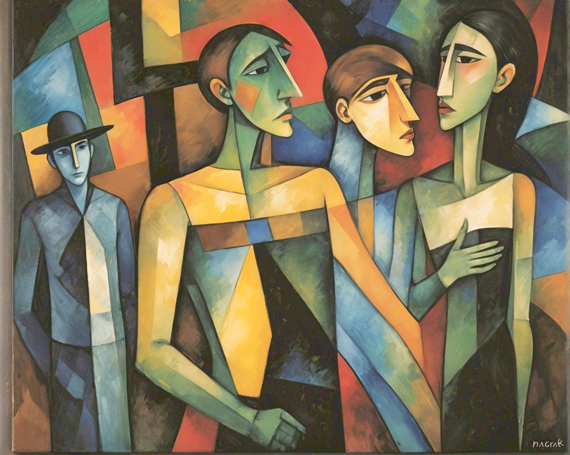 Abstract Artwork with Four Stylized Figures and Colors