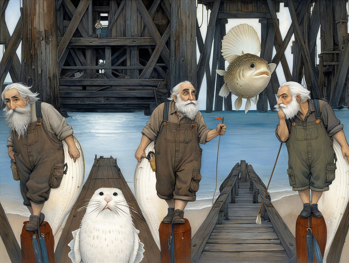 Whimsical Coastal Scene with Fishermen and Seal
