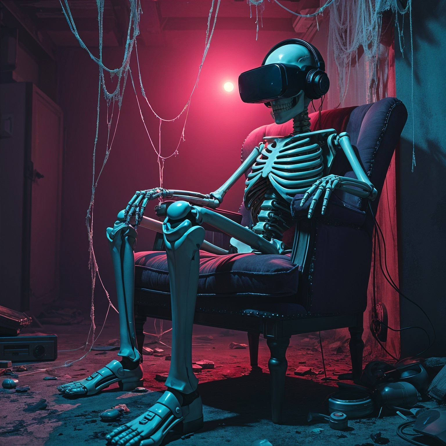 Skeleton in VR Goggles in Dimly Lit Room