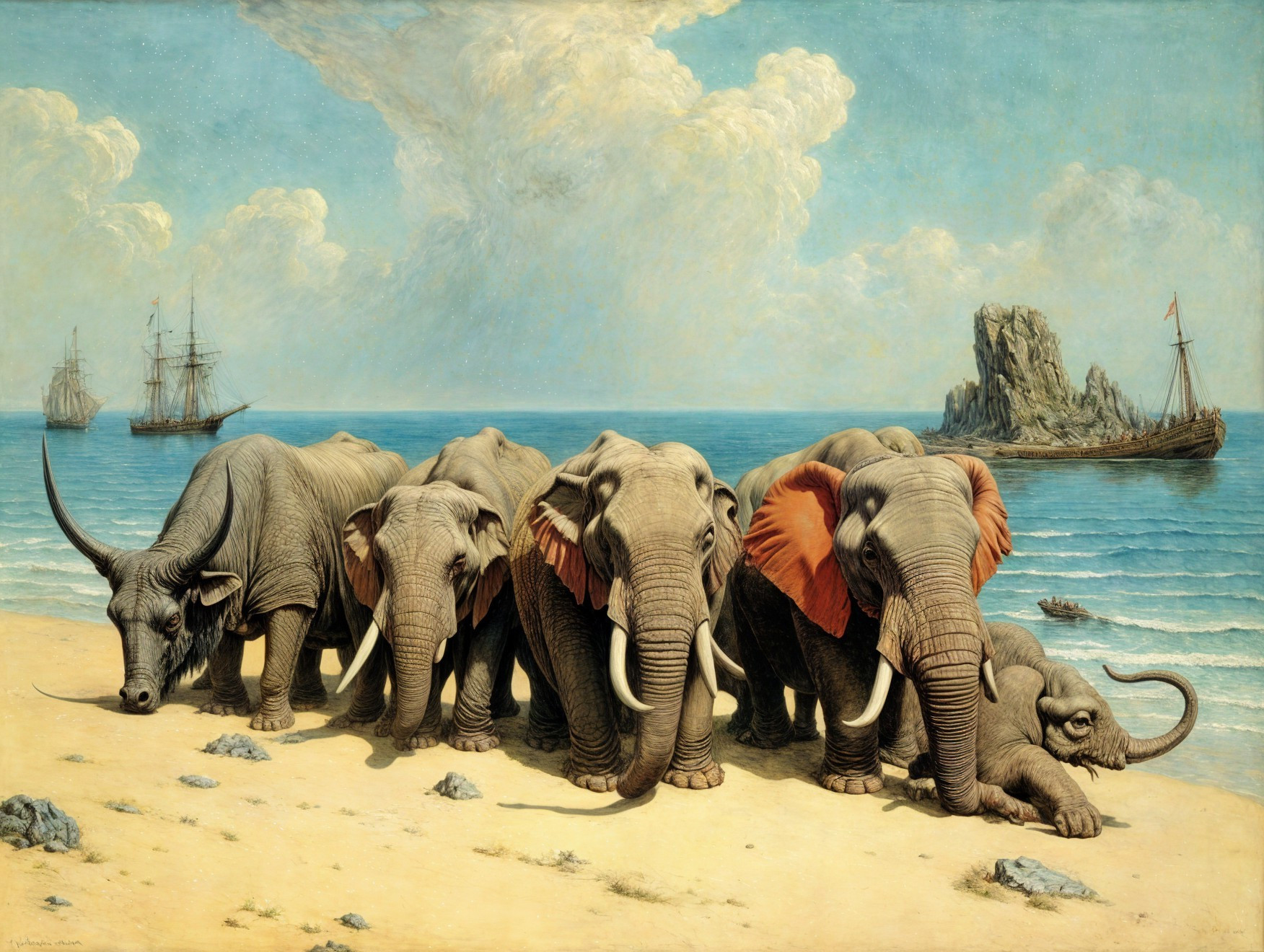 Coastal Scene with Elephants and Sailing Ships