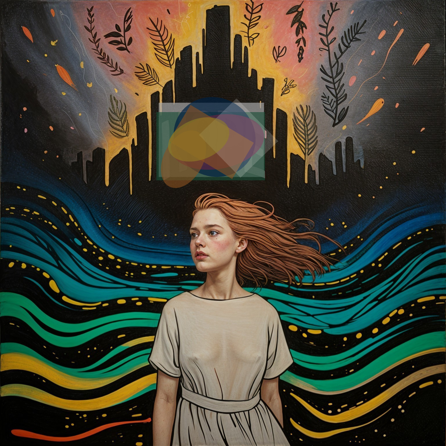 Surreal Cityscape with Young Woman and Vibrant Colors