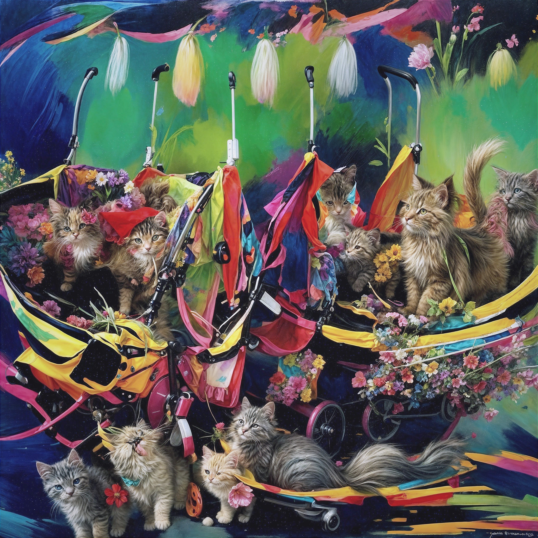 Playful Cats in Colorful Strollers Surrounded by Flowers