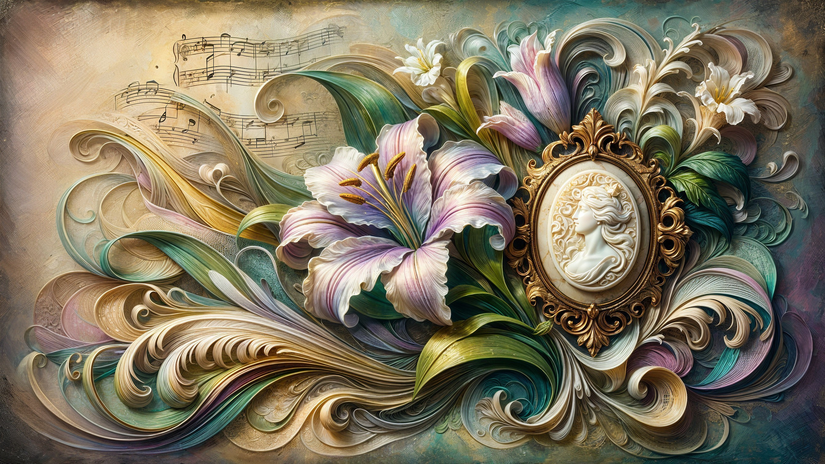 Vibrant Design with Floral Elements and Cameo Portrait