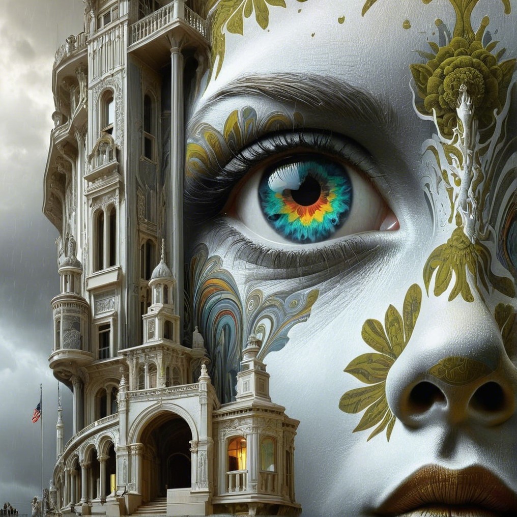Surreal Fusion of Woman's Face and Ornate Architecture