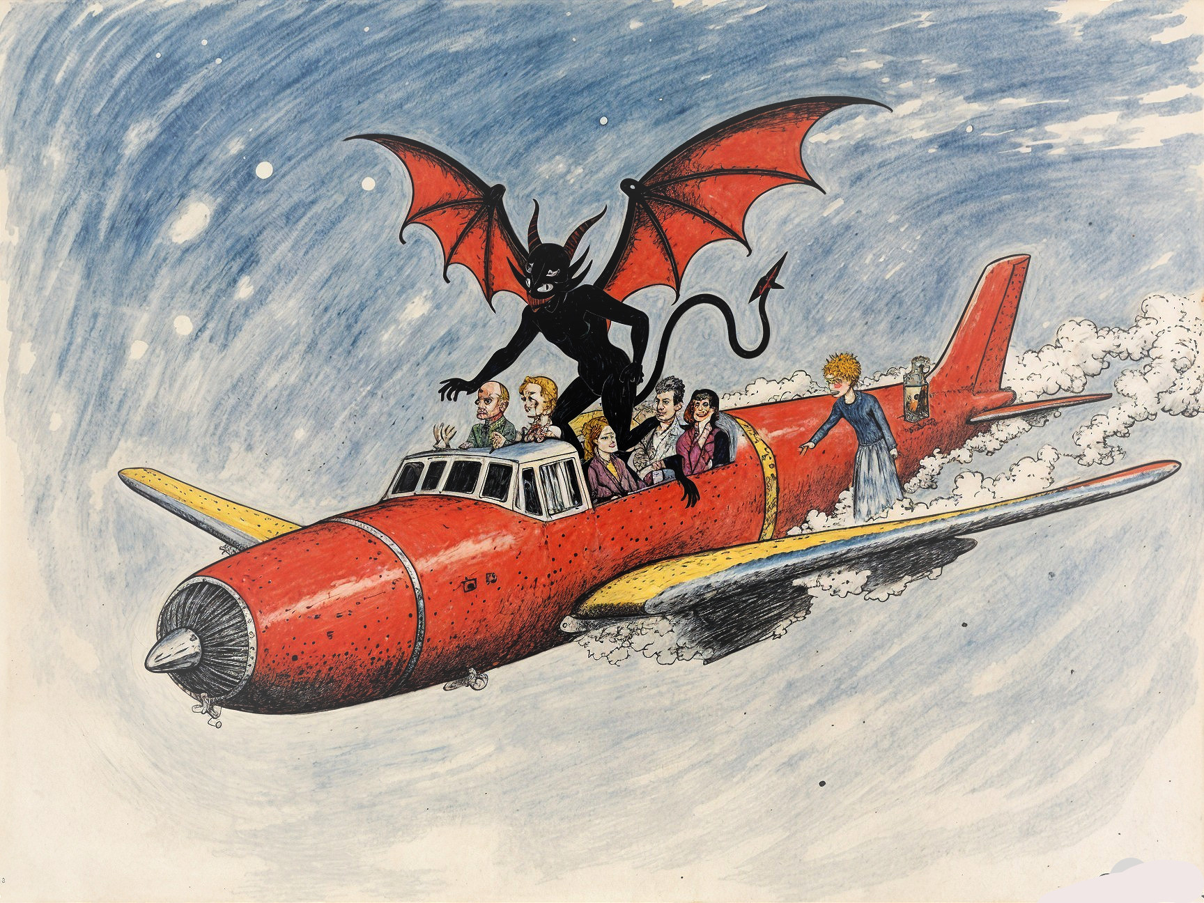 Red Aircraft with Mischievous Character in Cloudy Sky