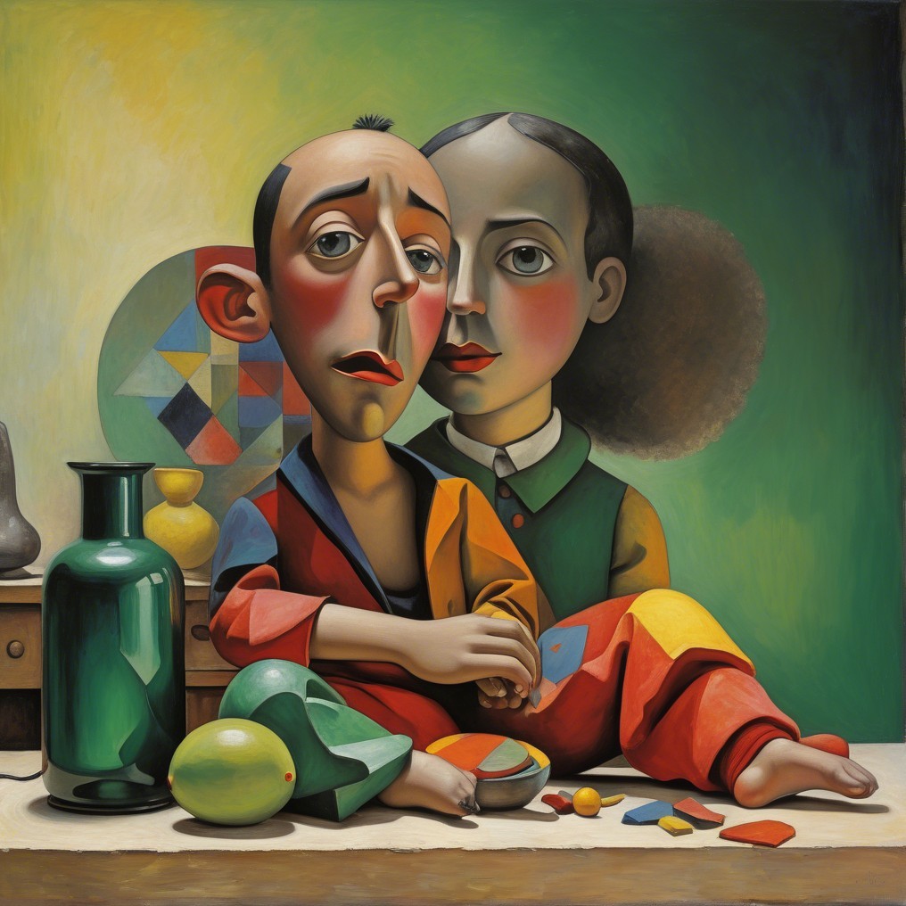 Cubist Artwork with Two Figures and Geometric Shapes