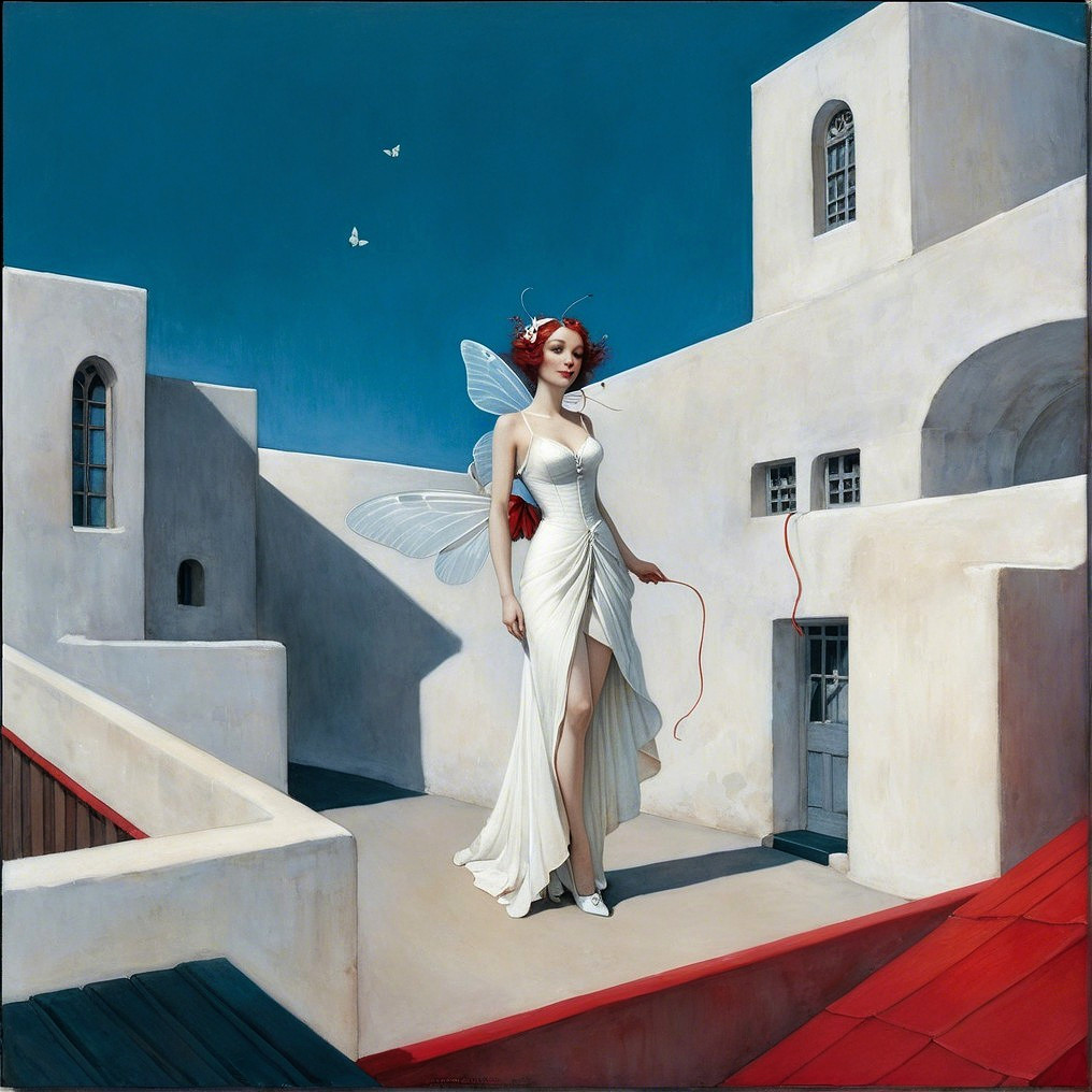 Surreal Figure with Wings on Red Rooftop Scene