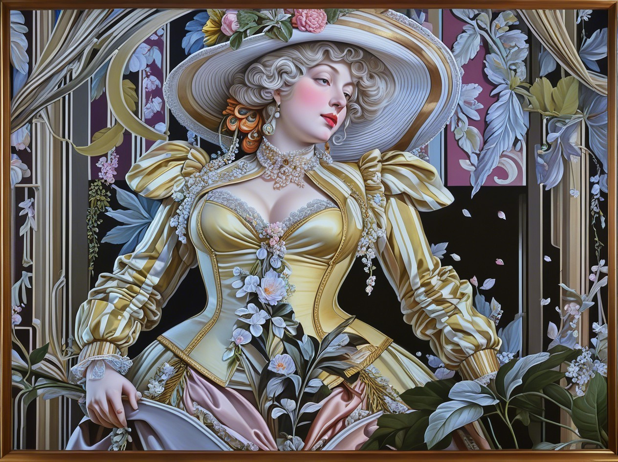 Elegant Woman in Floral Gown and Hat Artwork