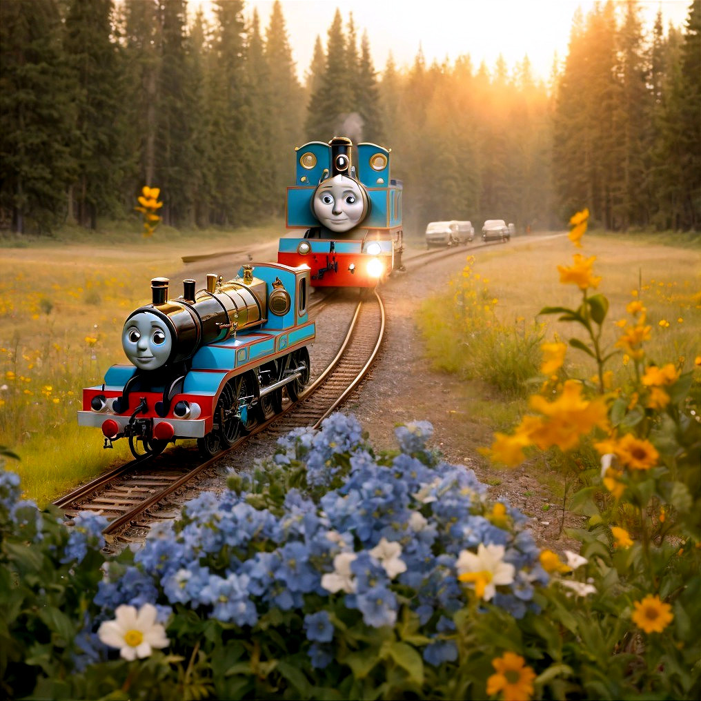 Blue Steam Engines in a Serene Forest at Sunset
