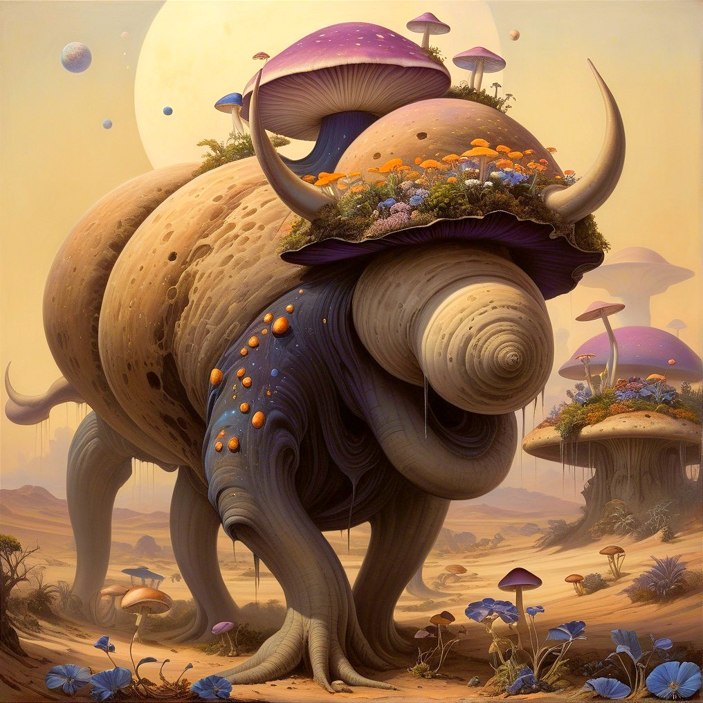 Massive Bulbous Creature in Surreal Landscape