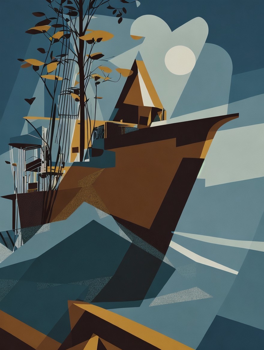 Stylized Landscape with Angular Structure and Moonlight
